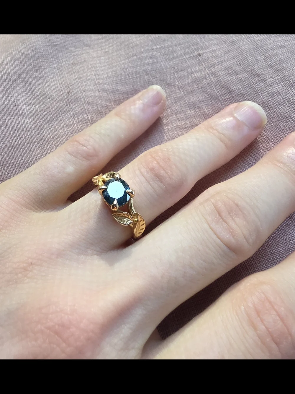 Gold Leaf Band Ring with Deep Teal Gemstone